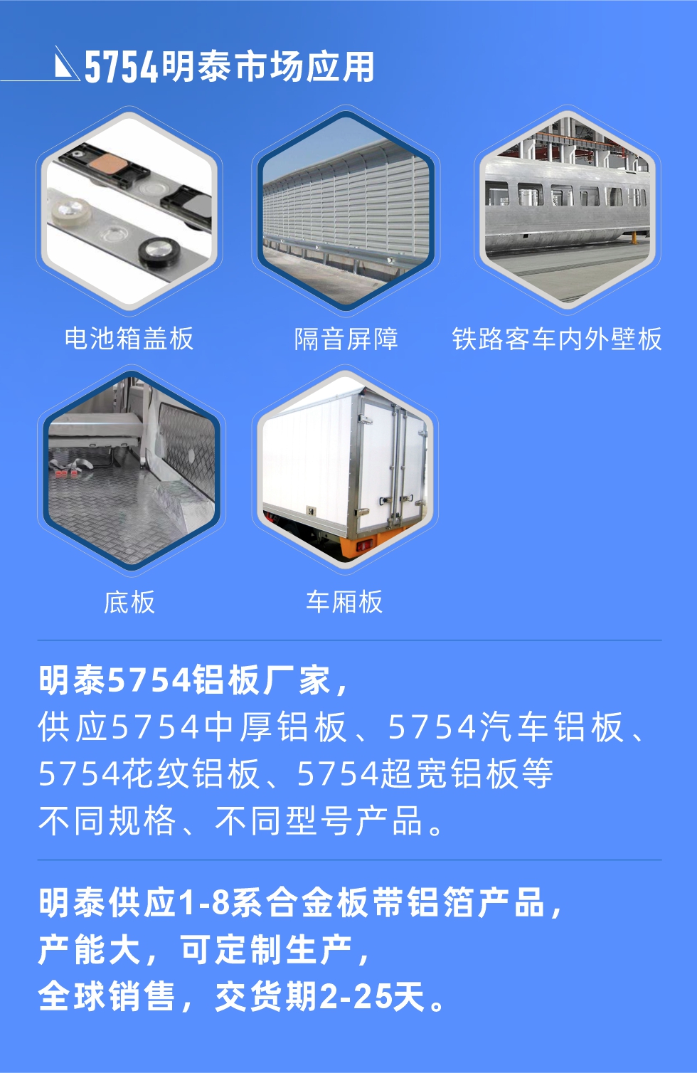 明泰5754鋁板優(yōu)勢

　　1、可焊接性能強(qiáng)，焊接裂縫的傾向低，焊縫和基體金屬的強(qiáng)度高。

　　2、表面的氧化物較少，軋制板材的表面質(zhì)量好，光滑無裂紋，無腐蝕斑點(diǎn)和硝鹽痕跡。

　　3、5754鋁板屬于中高強(qiáng)度的鋁合金，疲勞性能和耐腐蝕性能好。

　　4、可根據(jù)客戶需求定制不同厚度、不同版型的5754鋁板產(chǎn)品。

　　5754鋁板生產(chǎn)以及包裝要求
　　1、表面不允許有裂紋、腐蝕斑點(diǎn)和硝鹽痕跡。

　　2、表面上允許有深度不超過缺陷所在部位壁厚公稱尺寸8%的起皮、氣泡、表面粗超和局部機(jī)械損傷，但缺陷深度不能超過0.5mm,缺陷總面積不超過板材總面積的5%。

　　3、允許供貨方沿型材縱向打光至表面光滑。

　　4、其他要求：有需求方和供貨方自己擬定。

